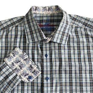 Robert Graham Long Sleeve Plaid Shirt Mens 3XL Blue Button Up Flip Cuff